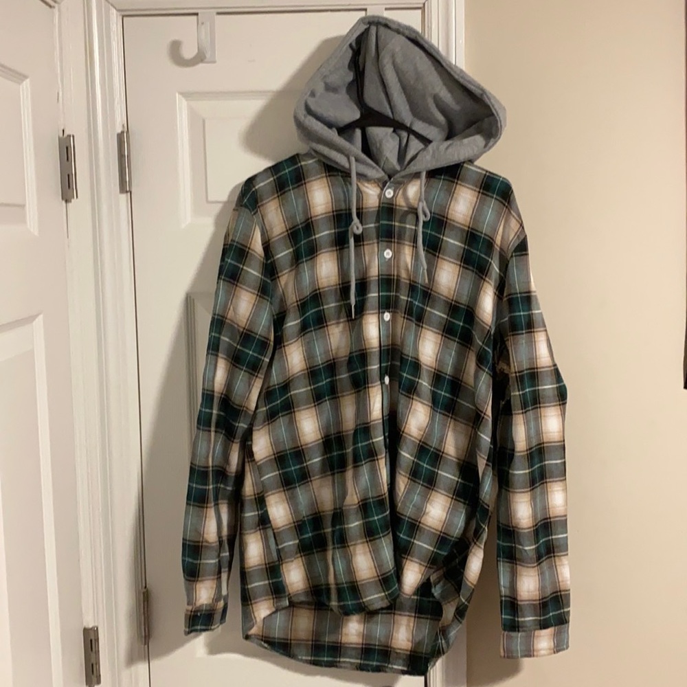 Hooded green and beige flannel.